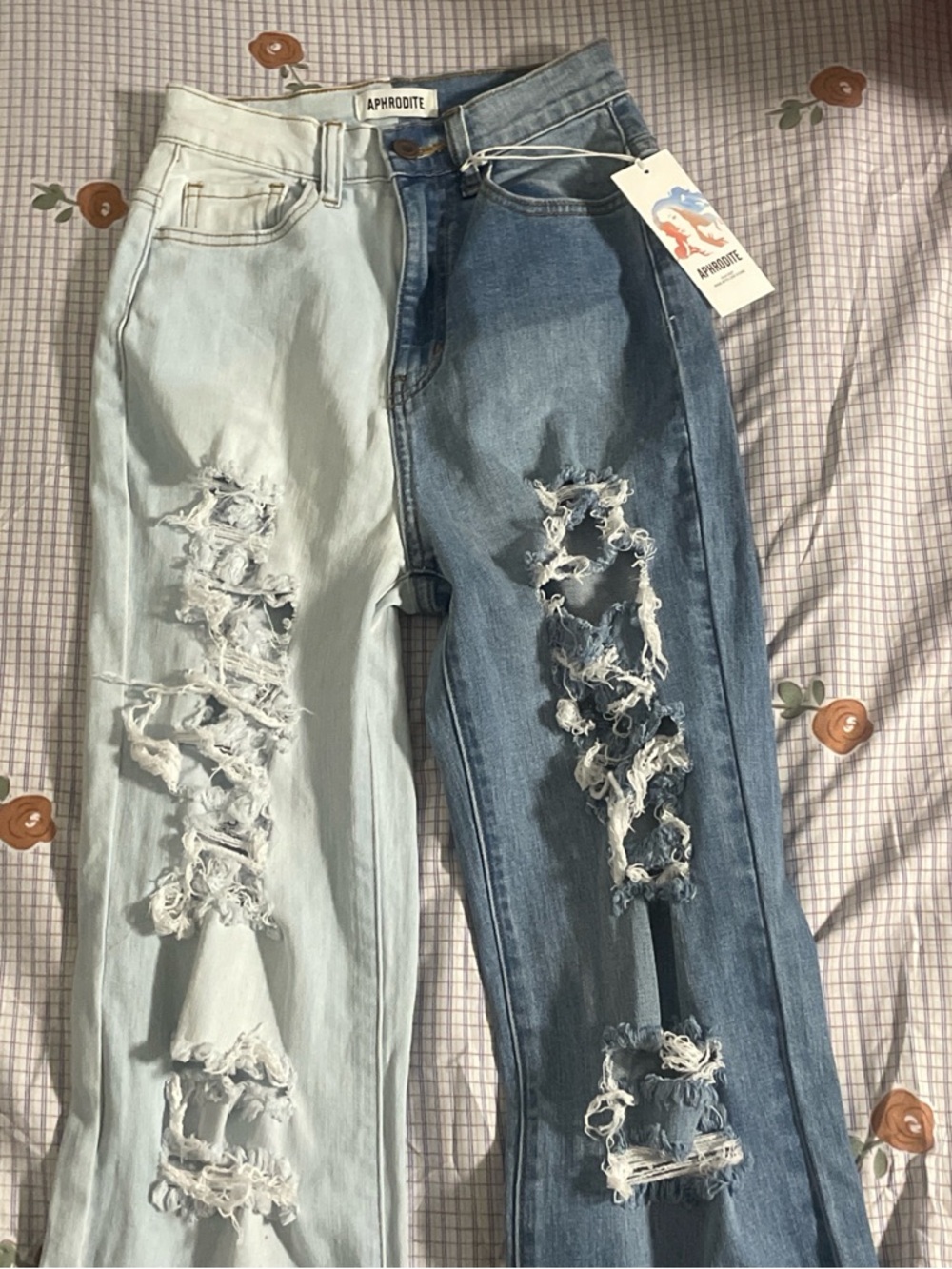 Aphrodite Two-Tone Ripped Flare Jeans in Light Blue & Medium Blue